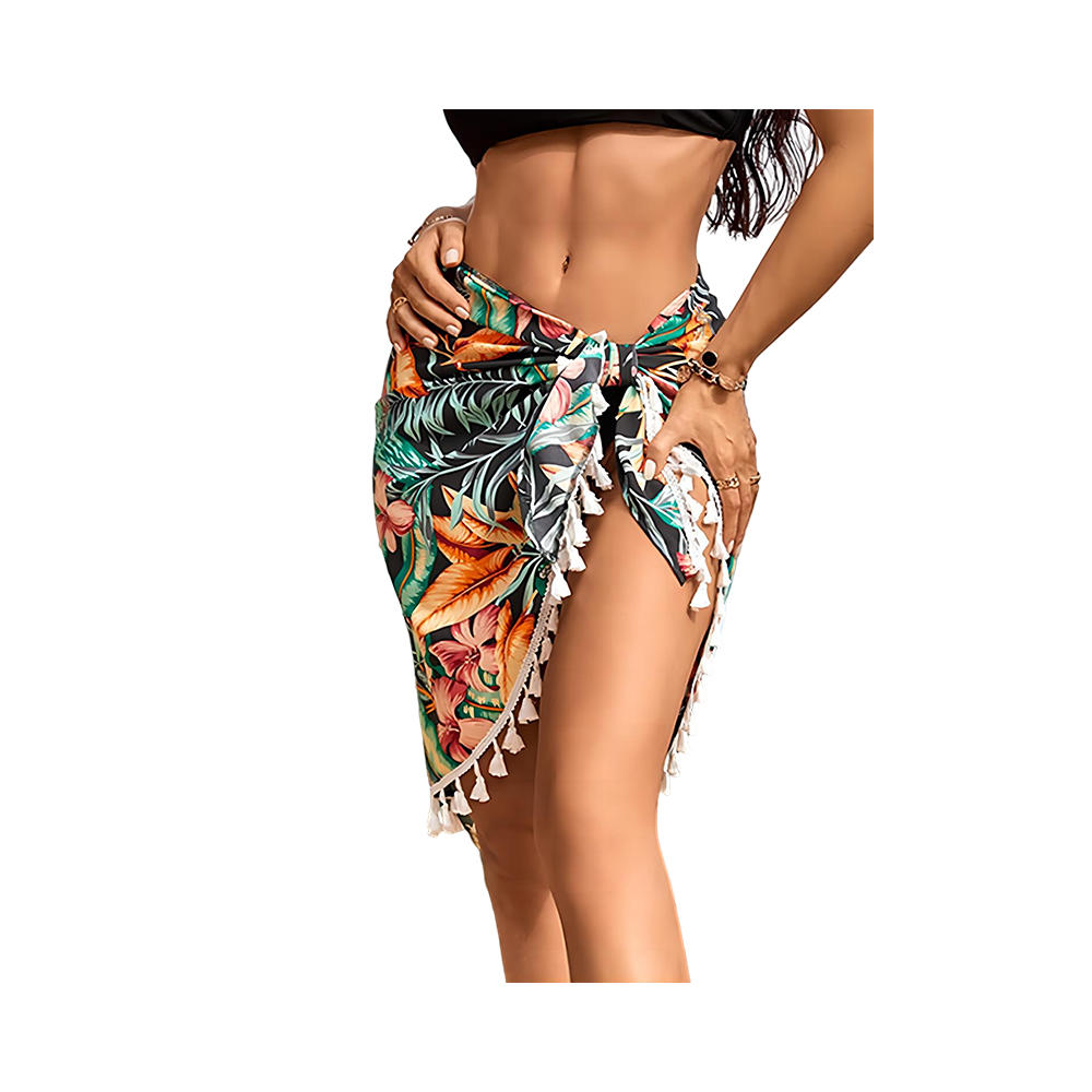 Chiffon estilo hawaii impressão curta sarongue biquíni envoltório com borla