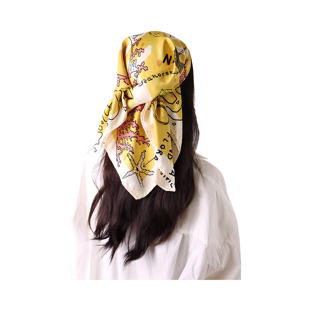 100% poliéster cetim seda lenço amarelo impressão lenço de cabeça quadrado de cetim para mulheres