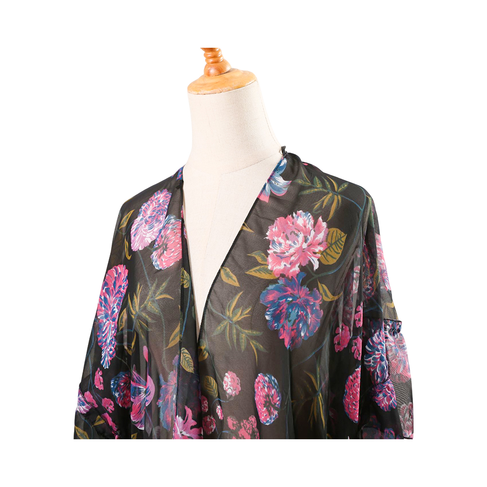 Cardigã kimono feminino com estampa floral manga bufante chiffon cobertura solta blusa casual