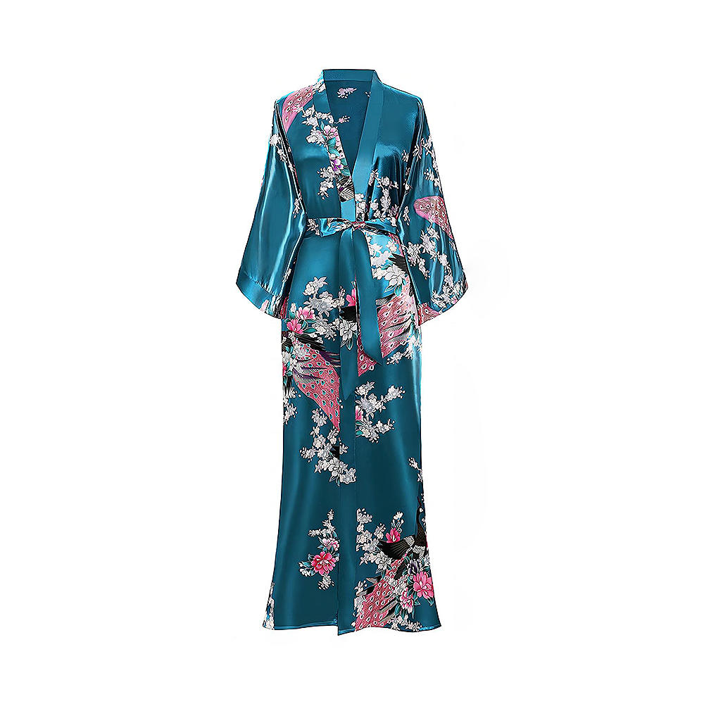 Roupão quimono feminino robe longo com estampa de pavão e flores camisola quimono