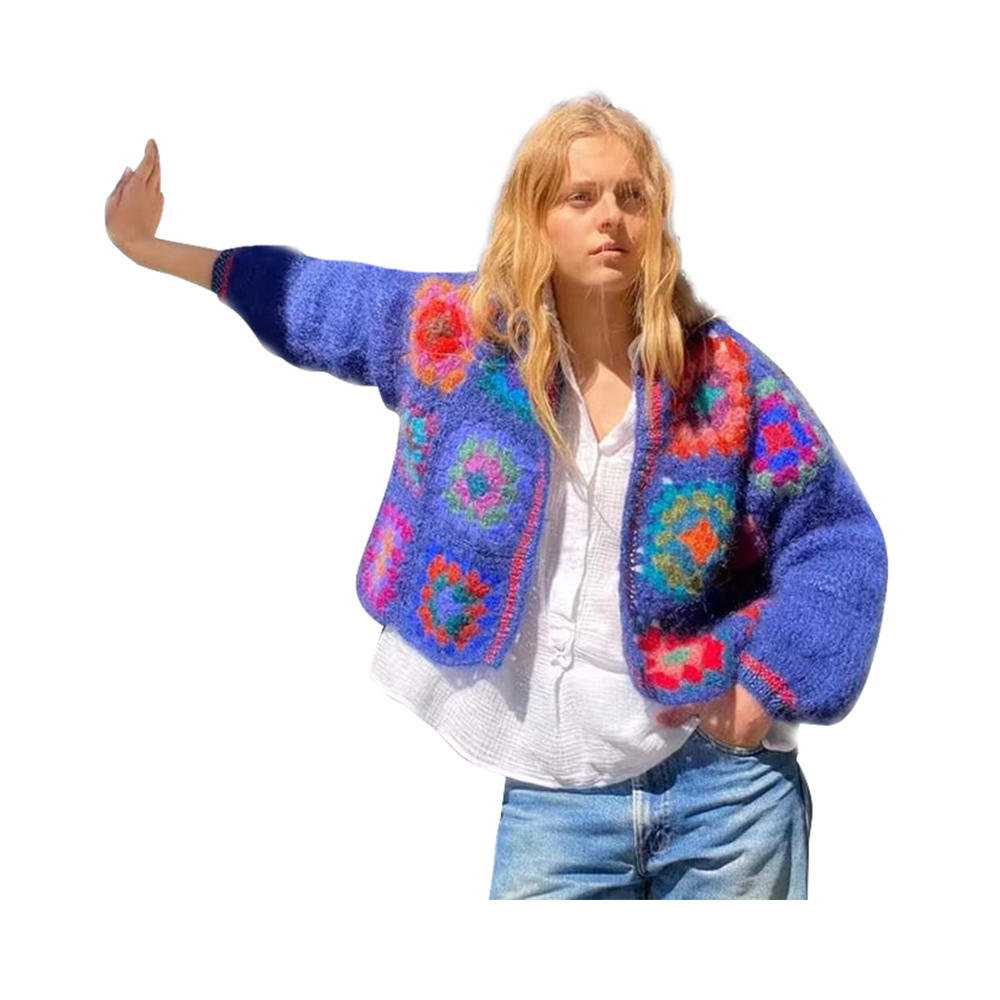 Cardigã colorido tamanho de crochê lindo suéter arco-íris cardigã quadrado granny branco tamanho patchwork senhora