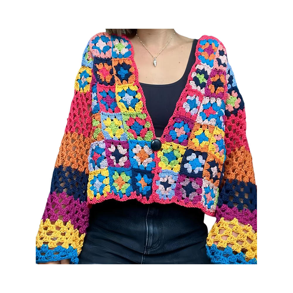 Casaco cardigã quadrado granny jaqueta de patchwork colorida cardigã suéter de crochê feito à mão
